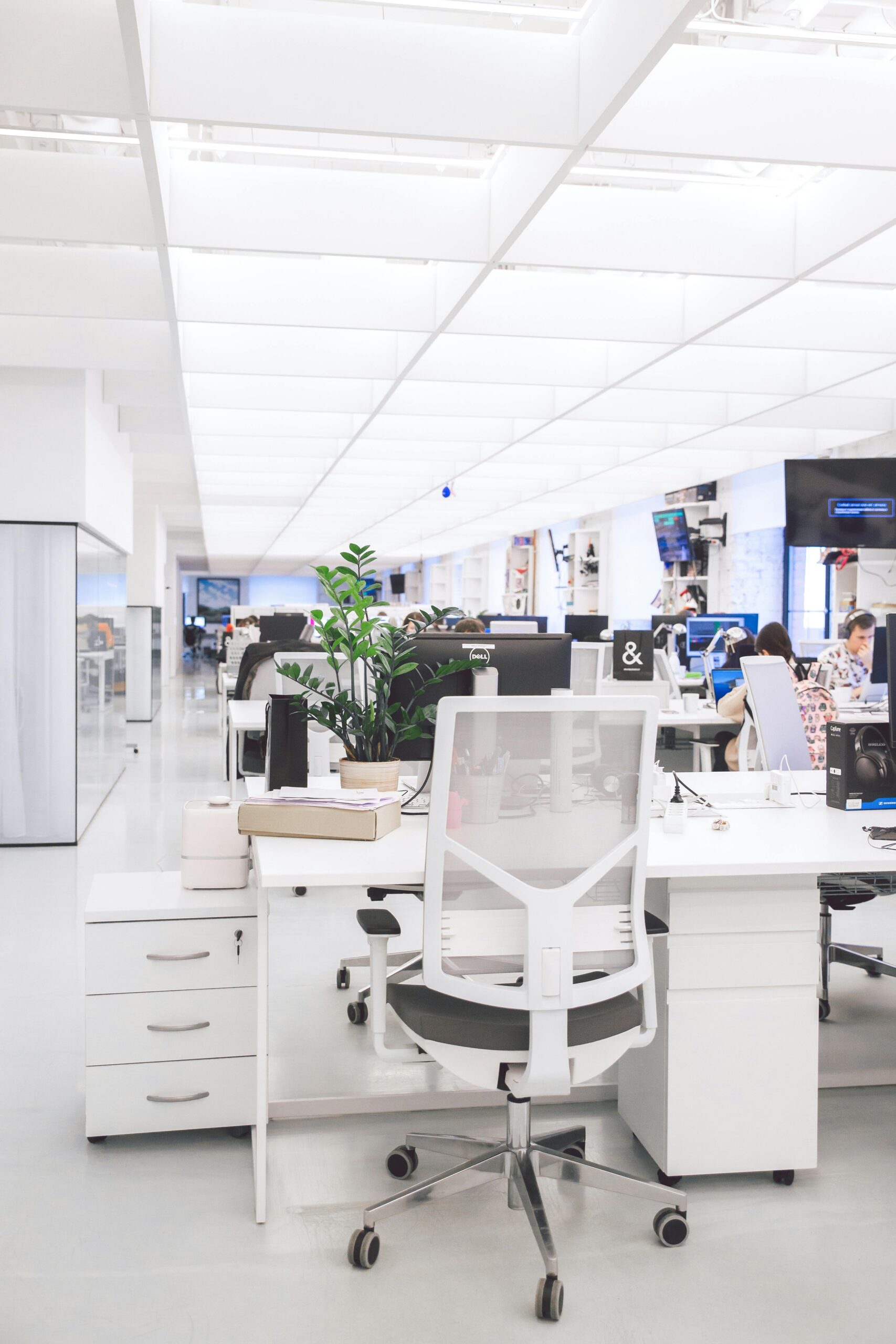 Bright modern office interior with desks, chairs, and computers in an open-plan workspace.